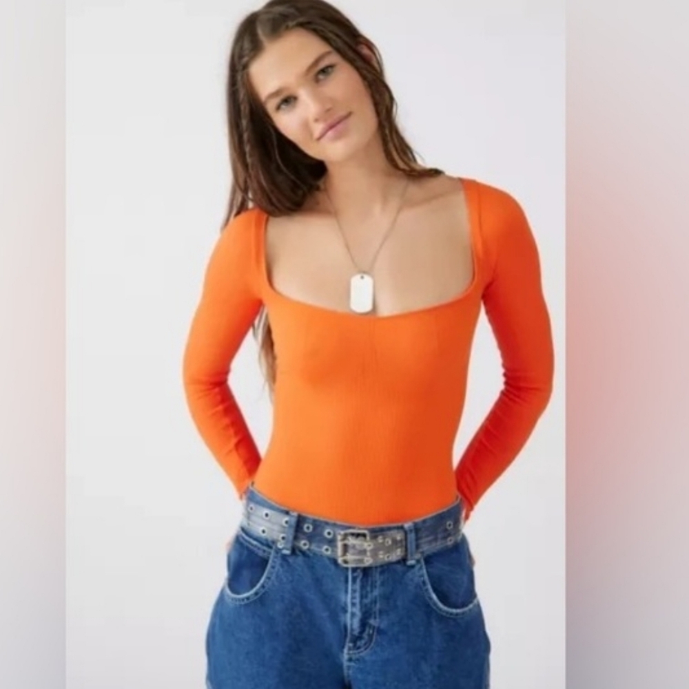 Urban Outfitters Orange Square-Neck Ribbed Bodysuit